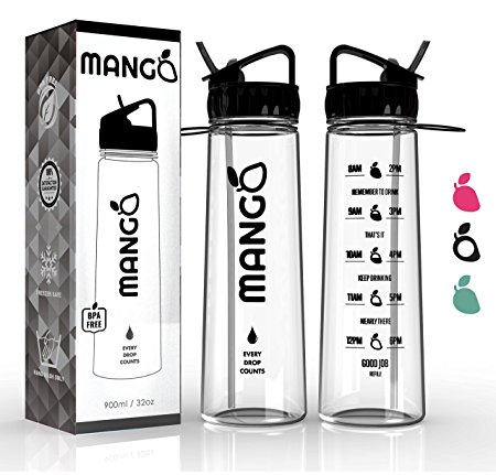Mango Sports Water Bottle With Motivational Time Markings - BPA Free Plastic Sports Drinking Container With Flip Nozzle, Removable Straw And Leakproof Cap - Ideal For Running, Gym, Yoga, Camping And Outdoors - Adults & Kids
