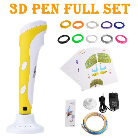 Plusinno® DIY Scribbler 3D Printer Pen with LCD Screen for 3D Scribbler Printing,Drawing and Doodling   13 PLA Filament(10 Different Colors)   10 Paper Models for Practice (Yellow)