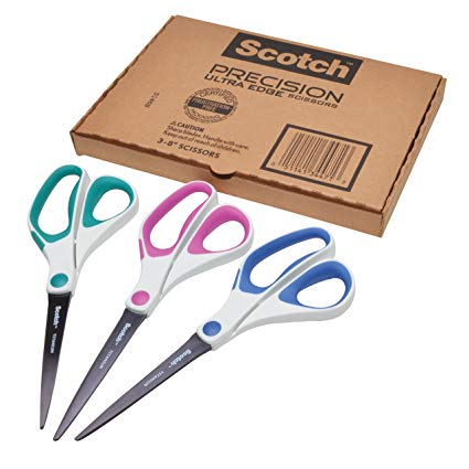 Scotch Scissors, 8" Precision Ultra Edge Scissors, Titanium Fused Blades, 3 Pairs, Blue, Pink, Green