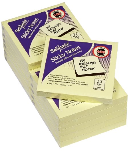 Snopake 76x76mm Sticky Notes - Yellow (Pack of 12 , 100 Sheets per Pad)