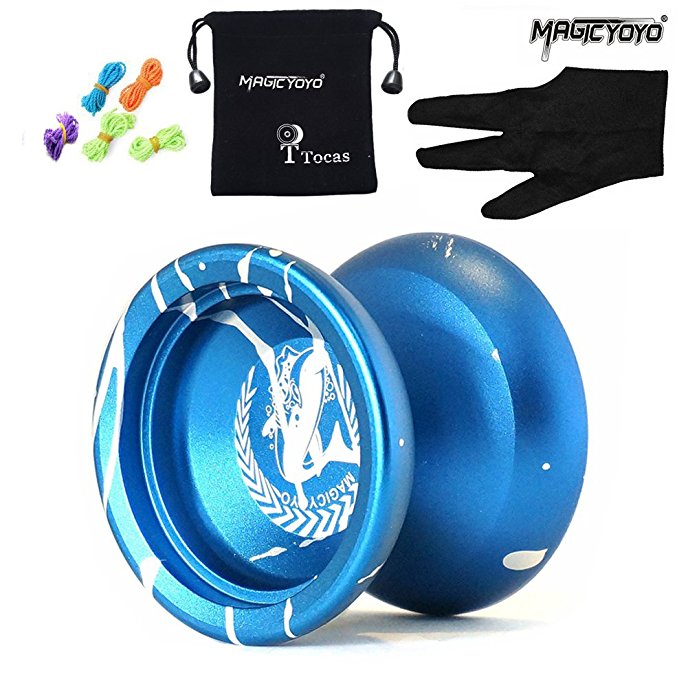 TocasÂ® Magic YOYO N12 Alloy Aluminum Metal Professional Yo-yos Toy Yo Yo Ball with 1 Gloves And 5 Strings-Blue With White