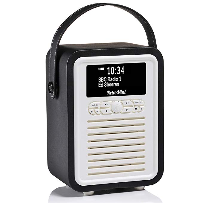 Retro Mini by VQ | Radio & Bluetooth Speaker with AM/FM & HD Radio, Dual Alarm Clock Mains or Battery – Premium PU Leather Case Black