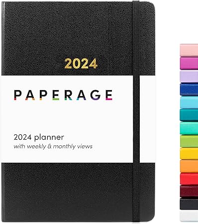 PAPERAGE 2024 Weekly & Monthly Hardcover Planner (Black), 12 Month (January 2024 - December 2024), 5.7 in x 8 in, Weekly & Monthly Spreads, Includes Additional Note Pages, Back Pocket & Trackers