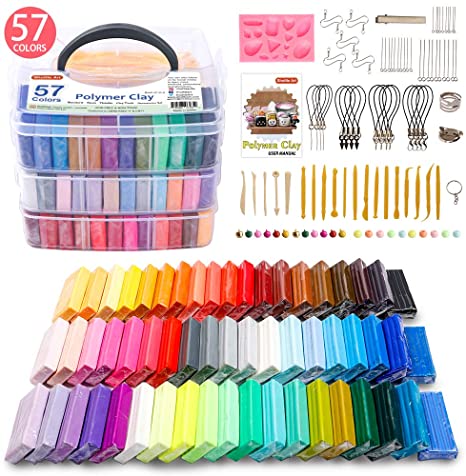 Polymer Clay, 57 Colors Shuttle Art 1.2 oz/Block Oven Bake Modeling Clay Kit with 19 Sculpting Clay Tools and Accessories, Non-Stick, Non-Toxic, Ideal DIY Gifts for Kids