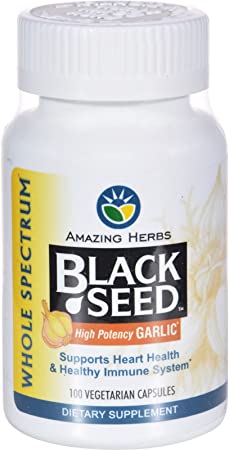 Amazing Herbs Black Seed and Garlic - Supports Heart Health and Immune System - 100 Vegetarian Capsules