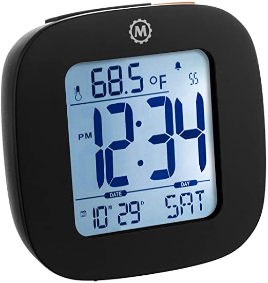 Marathon Small Compact Alarm Clock with Repeating Snooze, Light, Date and Temperature Travel Collection. Batteries Included. Color - Black. SKU - CL030058BK (Renewed)