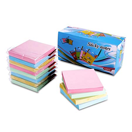 Sticky Notes, 12 Packs Post it Notes with Strong Viscosity & Easy Post，3x3 inches,100 Sheets per Pack, self-Sticky Notes with 4 Bright Colors, Individual Package.