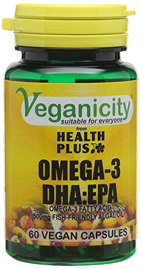 Veganicity Omega-3 DHA:EPA 500mg - Algal Oil Vegan Omega-3 Fatty Acid : Heart and Brain Health Supplement : 60 Vcaps