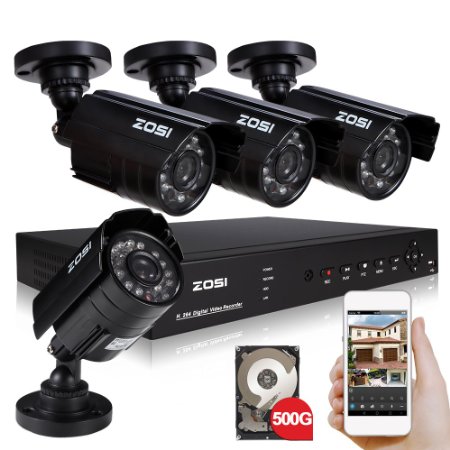 ZOSI HDMI 8CH 960H H.264 DVR with 500GB HDD Smartphone View 4x 800TVL Outdoor/Indoor Waterproof Bullet Night Vision Security camera with IR cut System(metal case)