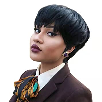 SAGA QUEEN Short Pixie Cut Wigs for Black Women Human Hair Wigs Short Layered Pixie Wigs with Bangs Brazilian Human Hair Full Machine Wig 1B Color