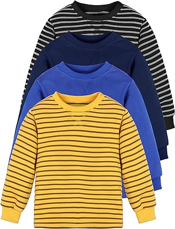 Cooraby 4 Pack Boys' Thermal Long-Sleeve Shirts Stripe and Solid Tee Shirts Soft Cotton Tees for Boys and Toddlers