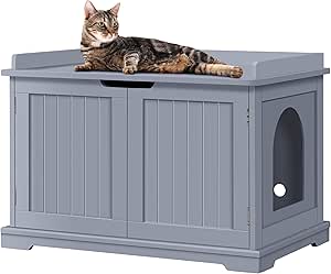 Yaheetech Wooden Cat Litter Box Enclosure, Hidden Cat Litter Tray Box Cat House Indoor Cats Bathroom Side Table End Table for Large Cat Kitty with Double Doors, Moveable Partition Grey