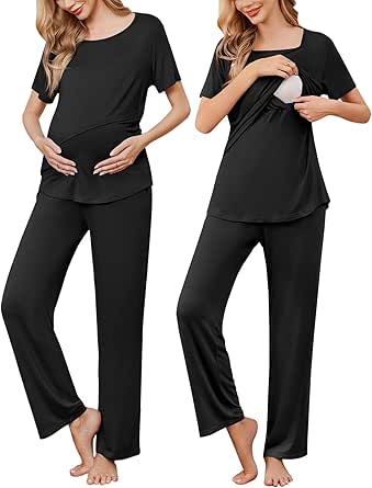 Ekouaer Women's Nursing Pajamas Maternity Pajama Postpartum PJS Breastfeeding Short Sleeve Top & Pants Sets with Pockets