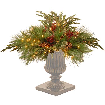 National Tree 30 Inch Decorative Collection White Pine Urn Filler with Red Berries, Cones and 135 Clear Lights (DC13-116L-30F)