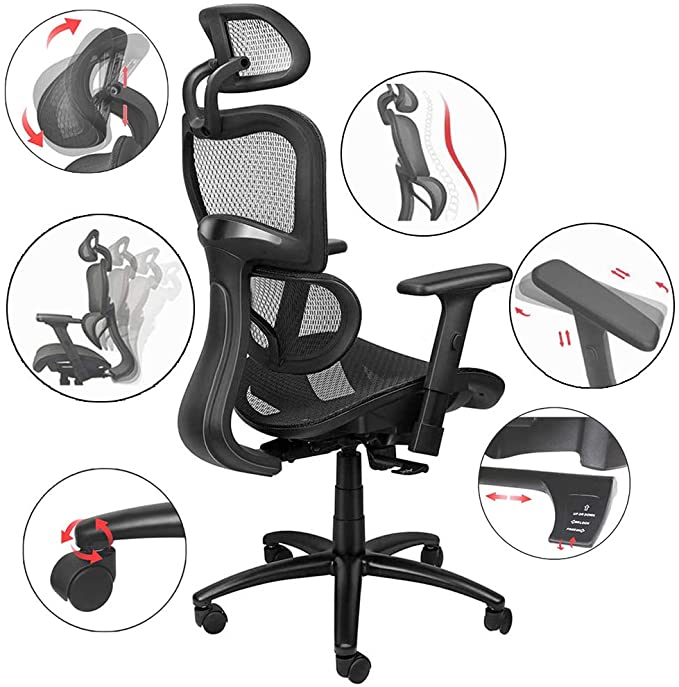 Ergousit Ergonomic Office Chair, Swivel Desk Chair with Breathable Mesh Back, Adjustable Headrest, Backrest and 3D Armrests, Black High Back Executive Chair (Black)
