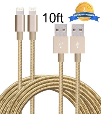 Mribo 2pcs 10FT 8Pin Lightning Cable Nylon Braided Charging Cable Extra Long USB Cord for iphone 6s 6s plus 6plus 65s 5c 5iPad Mini AiriPad5iPod on iOS9gold