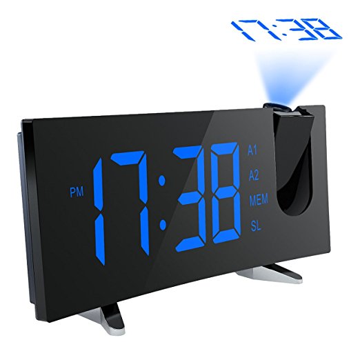 Projection Alarm Clock, [Curved-Screen] Pictek Projection Clock, Digital FM Clock Radio with Dual Alarms, 5" LED Display, USB Charging, Battery Backup