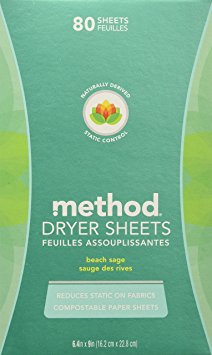 Method Naturally Derived Dryer Sheets, Beach Sage, 80 Sheets (6 Count)