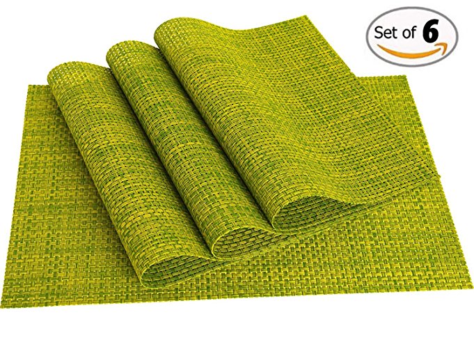 PVC Placemats,MATE Woven Vinyl Washable Table Mats Heat-resistant Non-slip Placemats for Kitchen Dining - Set of 6 (Green)
