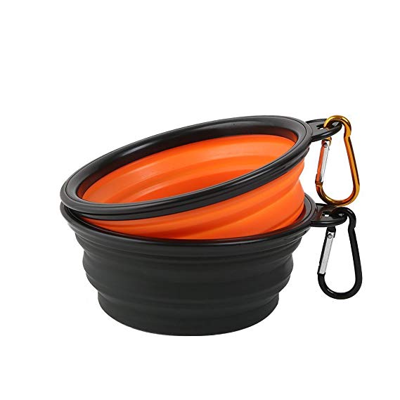 Vivifying Collapsible Dog Bowl, 2 Pieces Silicone BPA Free Foldable Travel Pet Bowl for Feed and Water(Black Orange)