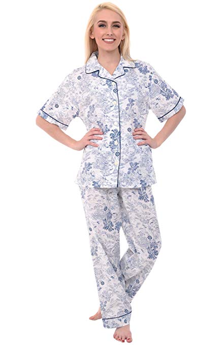 Alexander Del Rossa Women's Button Down Cotton Pajama Set, Short Sleeved Polka Dot Lightweight Pjs