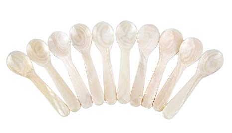 DUEBEL Set of 10 White Mother of Pearl MOP Caviar Spoons for Caviar, Egg, Icecream, Coffee Serving (White, 9x2.4cm)