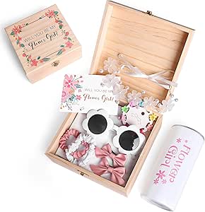 9 Pcs Flower Girl Gifts Set, Flower Girl Proposal Gifts Box, Will You Be My Flower Girl for Wedding, Flower Girl Sunglasses Hair Accessory Hairpins Hair Ring Tumbler Cup Wedding Gift Set Wooden Box