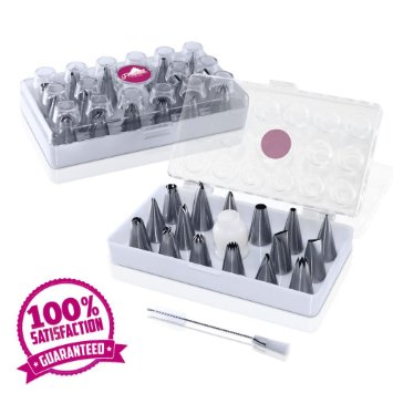 Professional 18-Piece Cake Decorating Tip Set By Frosted Finish­ - Includes 16 Most Popular Stainless Steel Tips, Reusable Coupler, Cleaning Brush & Storage Case - Also For Icing Cupcakes & Pastries