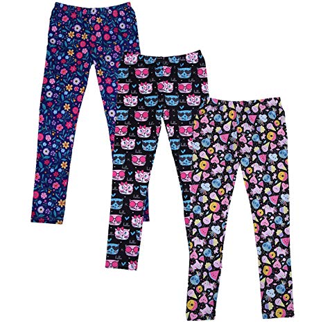 HDE Girl's Leggings 3 Pack with Print Designs Full Ankle Length Kids Pants 3-11Y