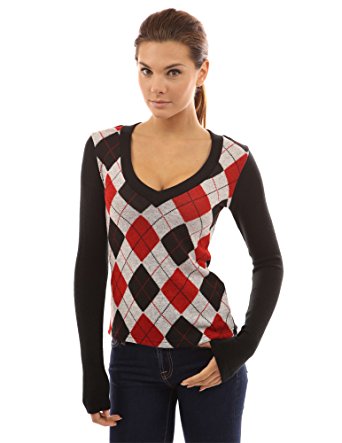PattyBoutik Women's V Neck Checkers Long Sleeve Knit Top
