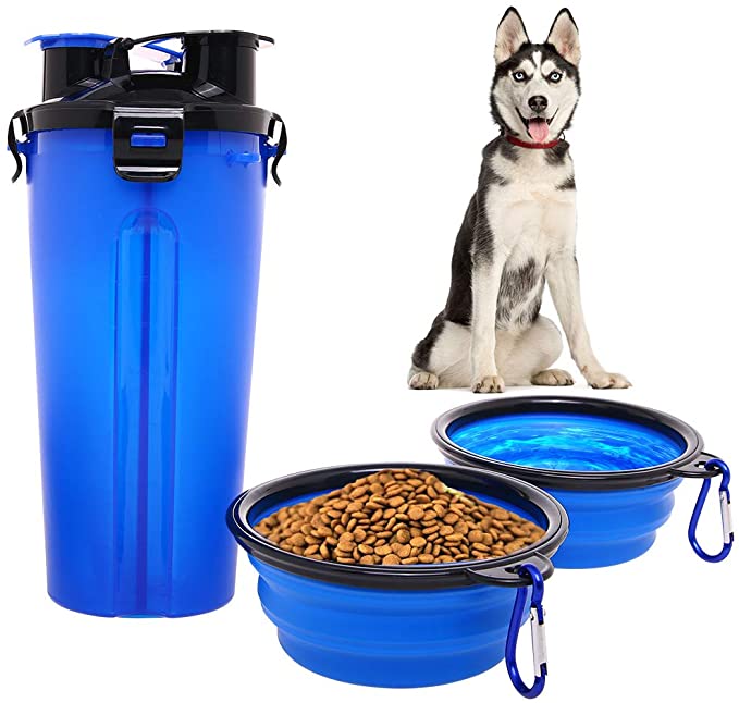 Dog Water Food Bottle for Walking Travelling Hiking Camping 2-In-1 Pet Food Container with 2 Collapsible Dog Bowls Outdoor Travel Water Dispenser Leak Proof Cup Portable Drinking Bottle for Cat Puppy