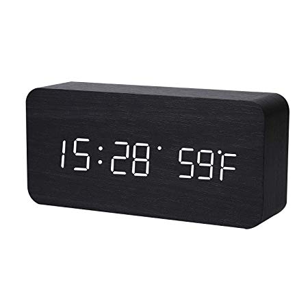 K Kwokker Digital Alarm Clock Wooden Led Digital Clock with Day/Date/Temperature Sound Control Humidity USB/Battery Powered Adjustable Brightness Silent Intelligence Best Clock(Black)