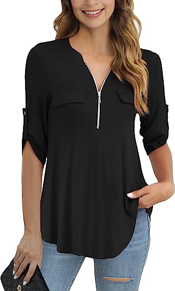 a.Jesdani Women's Plus Size Tops 3/4 Roll Sleeve Shirts V Neck Blouses Tunic Top