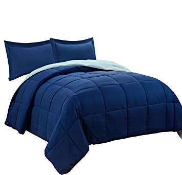 3pc Down Alternative Comforter Set - All Season Reversible Comforter with Two Shams - Quilted Duvet Insert with Corner Tabs -Box Stitched –Hypoallergenic, Soft, Fluffy (Full/Queen, Navy /Light Blue)