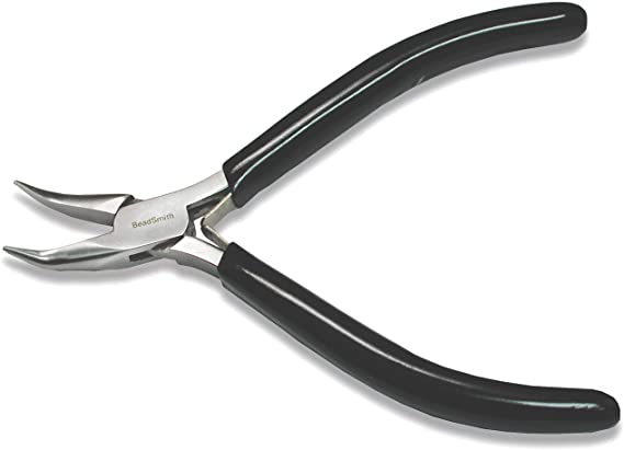 The Beadsmith Super Fine Bent Chain Nose Pliers, 4.5 inches (115mm) with polished steel head, black PVC comfort grip handle with double-leaf spring, tool for jewelry making