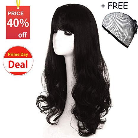 Long Black Bang Wig, Goyop Full Lace Front Curly Cosplay Wig - Fashion Wavy Black half Wig with bangs