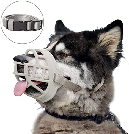 Dog Muzzle, Soft Silicone Basket Muzzle for Dogs, Allows Panting and Drinking, Prevents Unwanted Barking Biting and Chewing, Included Collar and Training Guide