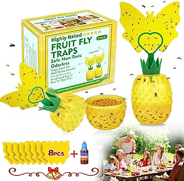 Fruit Fly Trap for Indoors, 2023 Upgrade Fruit Fly Killer Trap with Yellow Sticky Pads, Non-Toxic Reusable Fly Catcher Gnats Killer Trap Indoor Comes with Fruit Fly Attractant for Home/Plant (2 Pack)