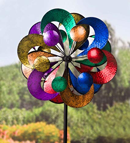 Plow & Hearth Outdoor 4 Tier Metal Garden Wind Spinner Sculpture, 2 ft Diam. x 7 ft Tall - Multi-Colored