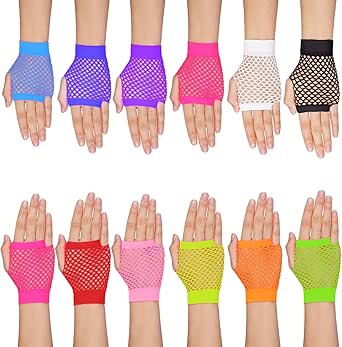 12 Pairs Fingerless Fishnet Neon Gloves 80s Fishnet Gloves Short Fishnet Mesh Fingerless Gloves for Women and Girls 80s 90s Party Cosplay Costume Accessories Supplies (Neon Colors)