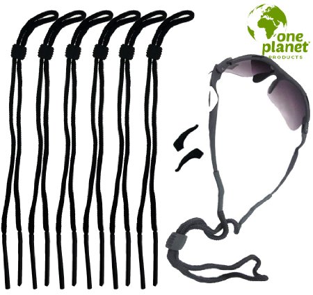 Sunglass Strap For Men and Women by One Planet 6-Pack with 2 Piece Black Ear Hook - Floating Black Eyewear Retainer Great for Sports and Outdoor Activities Keep Your Sunglasses On Today