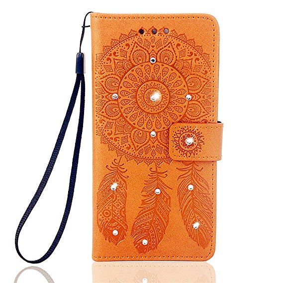 XKAUDIE(TM) Wind chime Flower series Embossing Diamonds PU Leather Case Wallet Flip Stand Flap Closure Case Cove (Brown) For BLU R1 HD