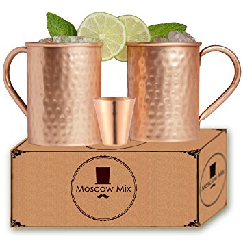 100% Copper Moscow Mule Mugs - Set of 2 Moscow Mule Copper Mugs with FREE Shot Glass - Moscow Mule Gift Set 16 Ounce Set of 2