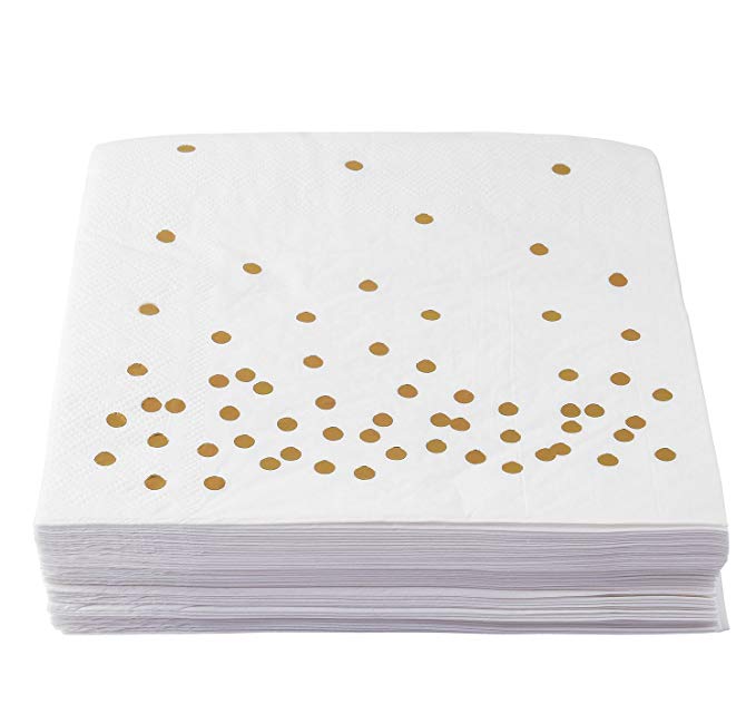 ALINK 50 Luncheon Napkins, White with Sparkly Gold Dots, Disposable Paper Party Napkins for Birthday, Wedding, Baby/Bridal Shower, Christmas, 2- Ply