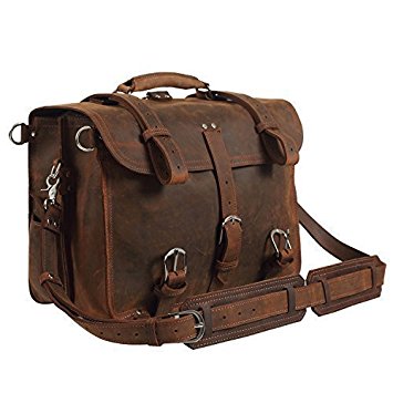 Texbo Men's Thick Cowhide Leather Shoulder Briefcase Fit 17" Laptop Bag Tote (Brown)