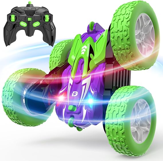 DEERC Remote Control Car, Double-Sided Driving RC Stunt Cars, 360° Spin 4WD Off-Road Car W/Dual Motors LED 2.4GHz Indoor/Outdoor Toy for Boys Age 4-7