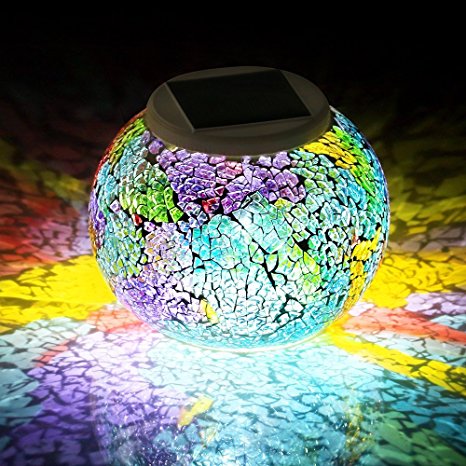 Solar Powered Mosaic Glass Ball Garden Lights, Color Changing Solar Table Lamps, Waterproof Solar Outdoor Lights for Parties Decorations, Christmas, Ideal Gifts--5.12 Inch in Diameter, 4.13inch