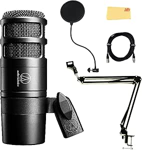 Audio-Technica AT2040 Hypercardioid Dynamic Podcast Microphone - Bundle with Pop Filter, Boom Arm, XLR Cable, and Austin Bazaar Polishing Cloth