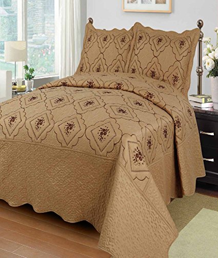 Fancy Linen 3pc Bedspread Quilted Bed Cover Queen/king (gold solid)