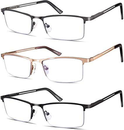 3 Pack Reading Glasses for Men, Metal Frame Blue Light Blocking Reading Glasses